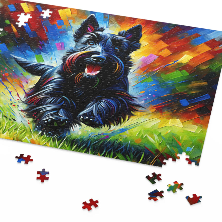 Puppy Puzzles Plus dog breed puzzle graphic, featuring a partially assembled Scottish Terrier puzzle with vibrant colors for dog lovers.