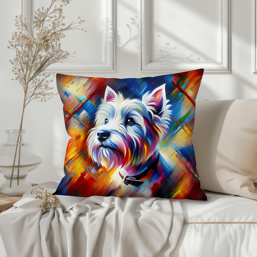 Puppy Puzzles Plus breed pillow graphic, featuring a plush West Highland White Terrier (Westie) pillow, great for dog lovers' homes.