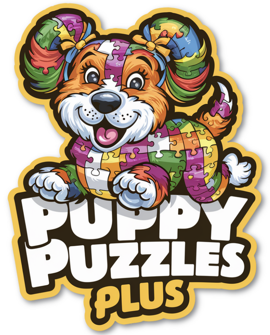 Puppy Puzzles Plus logo, offering unique dog gifts for humans including puzzles, posters, pillows, and wrapping paper for dog lovers.
