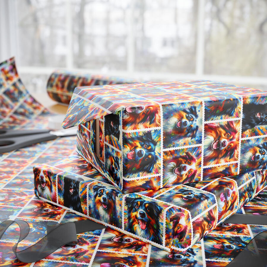 Puppy Puzzles Plus dog wrapping paper graphic, displaying multiple Australian Shepherd breed pattern, perfect for pet-themed gifts.