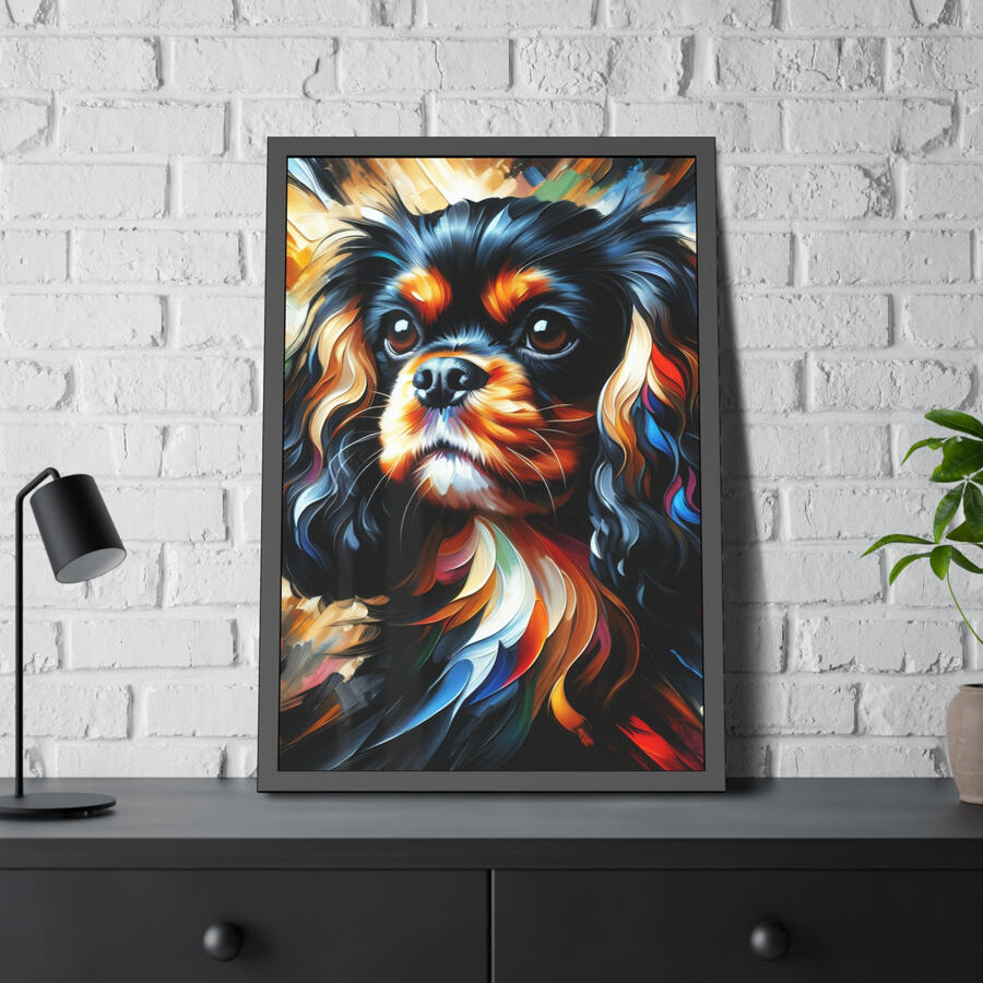 Puppy Puzzles Plus breed poster graphic, showcasing a framed, 24 x 36 inch Cavalier King Charles Spaniel poster, ideal for dog lover home decor.